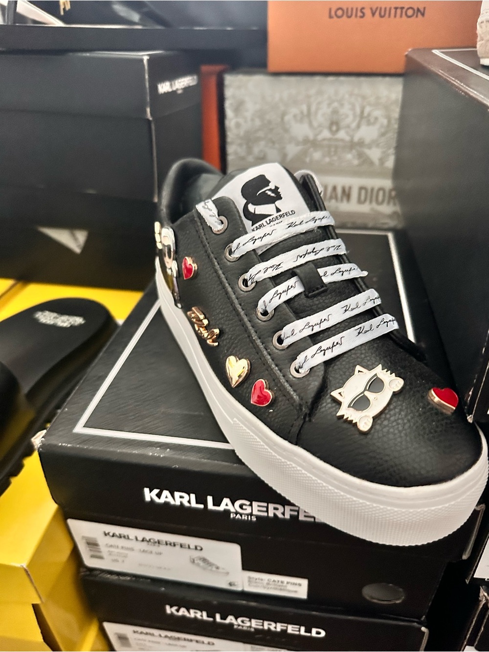 Karl Lagerfeld Black Leather Sneakers with Heart and Icon Accents